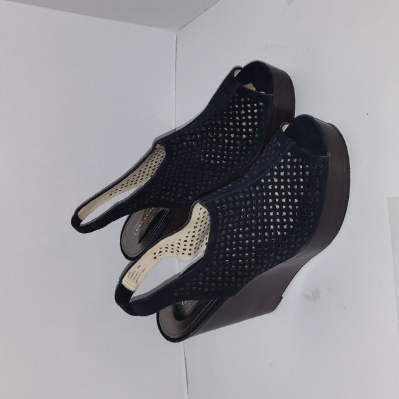 Coach Black suede open toe laser designed 8 1/2 wedge chasity - Picture 1 of 11